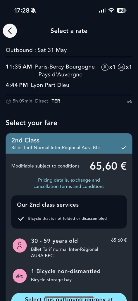 Visual of the ticket selection page on the SNCF Connect application